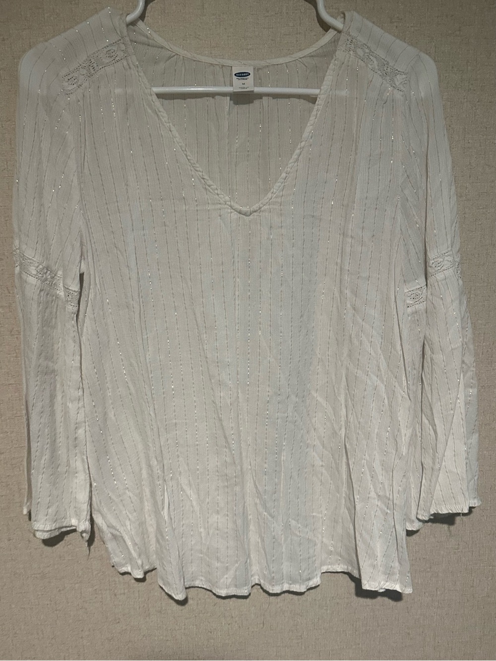 Old Navy Medium White Metallic Stripped Bell Sleeve Peasant Boho Blouse